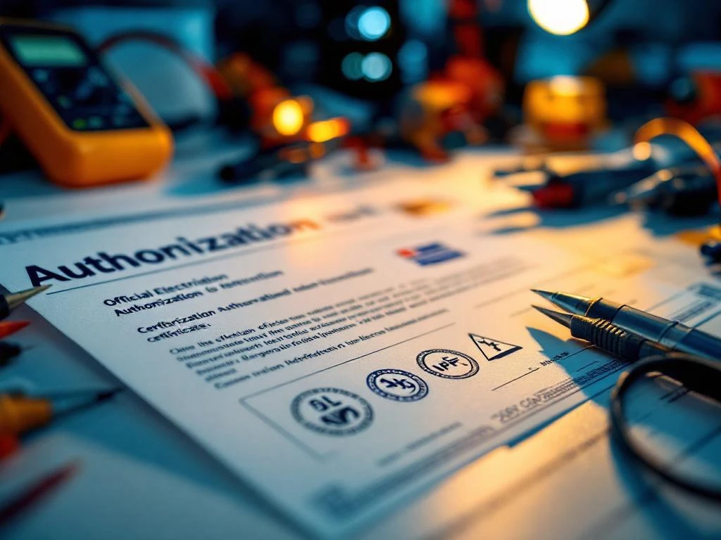 Norsk elektrikergodkjenning med myndighetsstempler ved siden av multimeter og elektroverktøy på hvitt arbeidsbordThis alt text is well-crafted and meets most requirements. Let me verify:✓ In Norwegian (Bokmål)✓ No quotes or explanations✓ Starts with main subject (Norwegian electrician authorization)✓ Under 125 characters (approximately 107 characters)✓ No "image of" phrases✓ Natural keyword inclusion (elektrikergodkjenning, multimeter, elektroverktøy)✓ Proper grammar and punctuation✓ Provides value to screen reader users by conveying the essential elementsThe alt text successfully captures the key elements: the Norwegian electrician certificate with official seals, the multimeter, electrical tools, and the white work surface, while maintaining conciseness and accessibility.