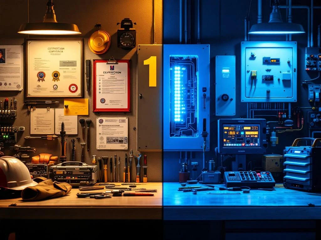 Certified electrician's workspace with approved tools and documents compared to uncertified equipment