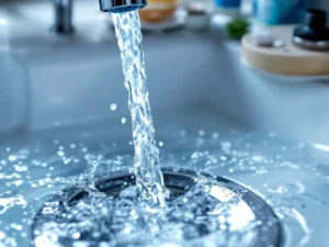 Chrome drain with crystal clear water flowing down, white porcelain, clean surfaces and tools for maintenance