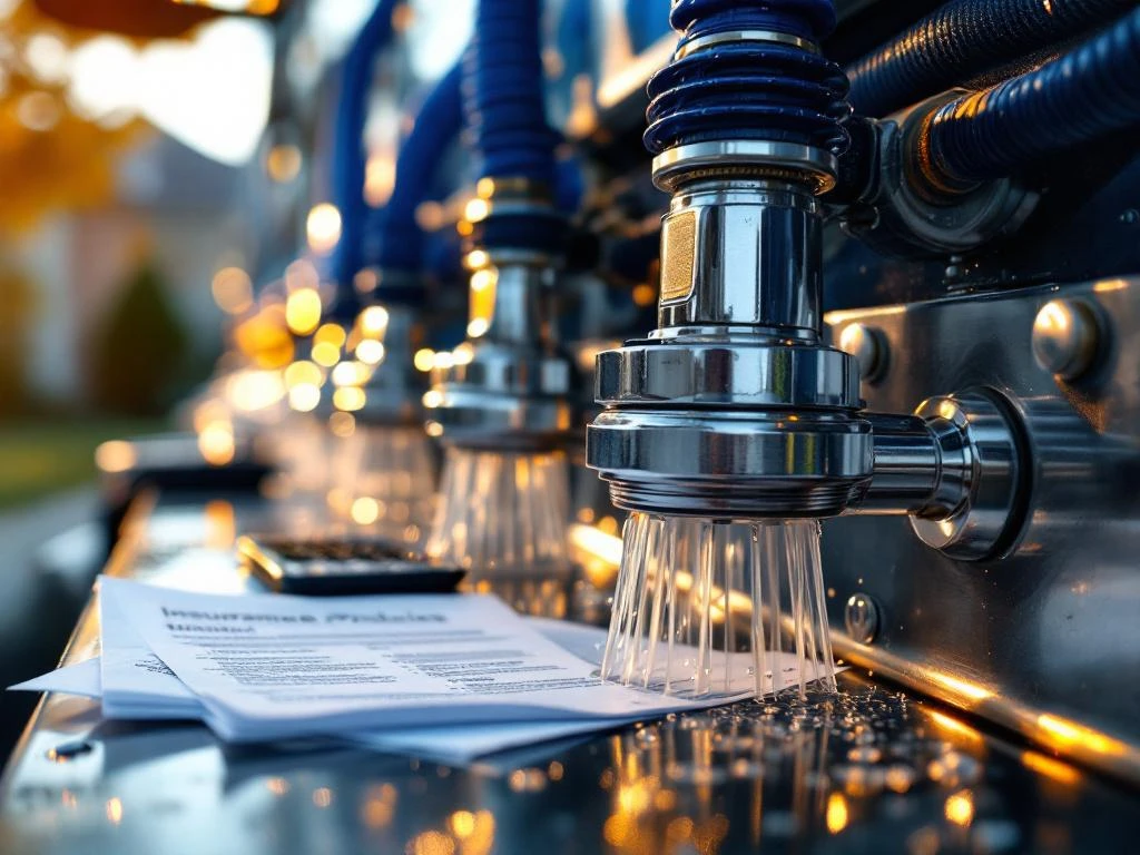 High pressure washer on sewage cleaning truck equipment with insurance documents and calculator in the foreground---**Error - too long text. New version:**High pressure washer equipment on sewage cleaning truck with insurance documents and calculator