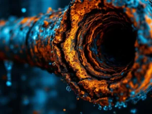 Corroded pipe in close-up with rust, cracks and deposits showing severe pipe damage and need for emergency plumber