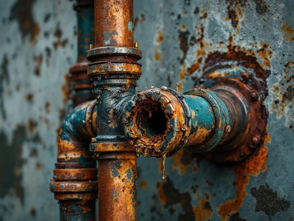 Korroderte kobber- og galvaniserte vannrør med rust, grønn patina, mineralavleiringer og synlige sprekker med vannlekkasje