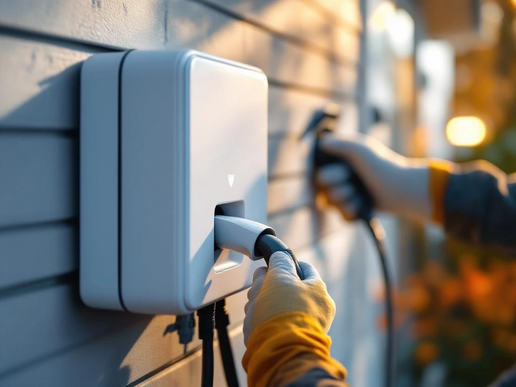 Electrician installing white electric car charger on wall with charging cable, electric car in background