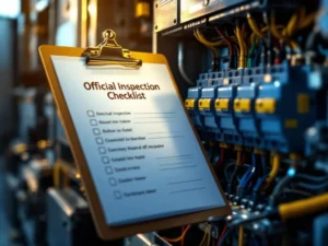 Electrician's checklist on a pull-out cabinet at a modern fuse box with circuit breakers and multimeter in a Norwegian electrical installation