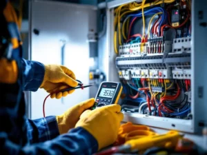 Electrician testing electrical panel with digital multimeter, visible fuses and color-coded wiring