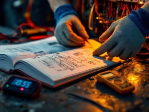 Electrician with protective gloves working with copper wires on fuse panel, multimeter and textbook next to it