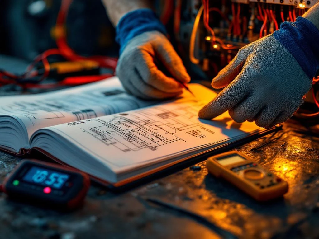 Electrician with protective gloves working with copper wires on fuse panel, multimeter and textbook next to it