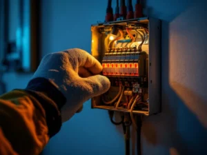 Elektriker med vernehanske når mot åpen sikringsboks med fargerike sikringer på hvit vegg