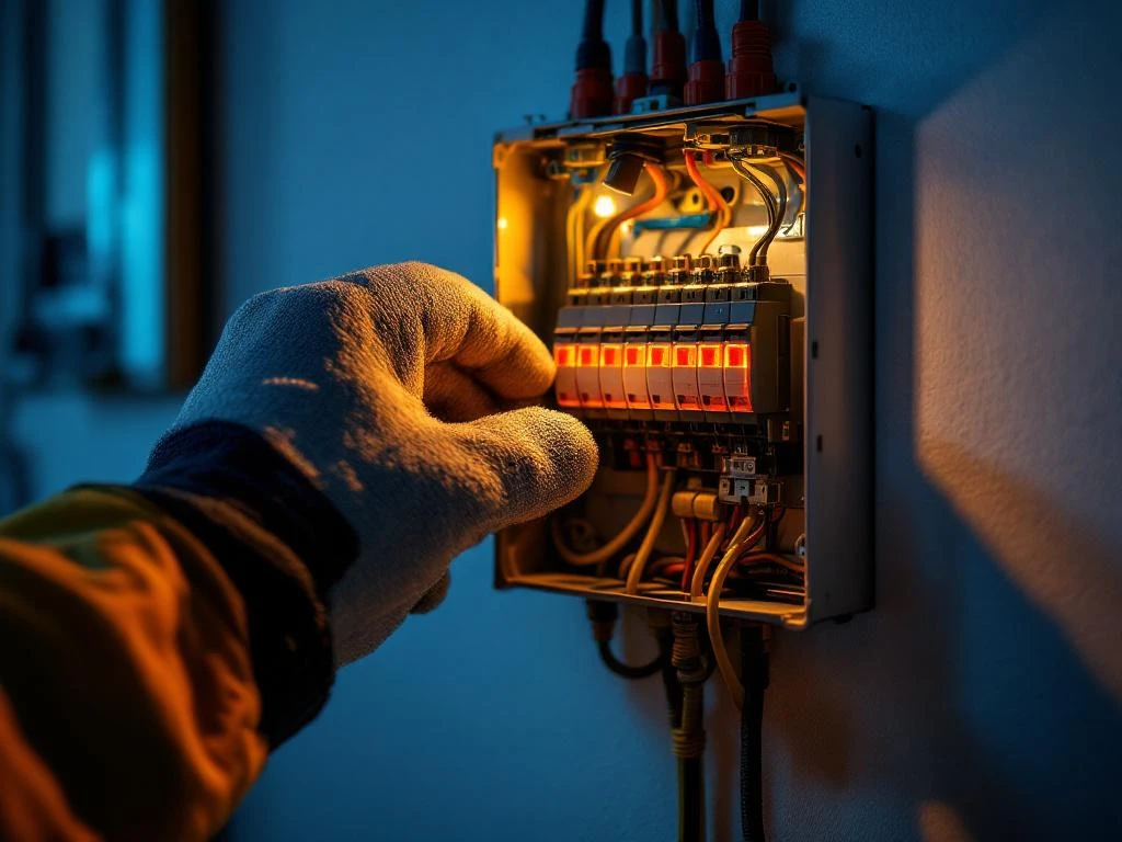 Elektriker med vernehanske når mot åpen sikringsboks med fargerike sikringer på hvit vegg