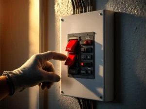 Electrician with glove reaching for red GFCI breaker in tripped position on white circuit breaker panel