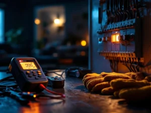 Elektrisk sikringskap med utløst bryter og rød indikator, elektriker verktøy i forgrunnen under strømbrudd