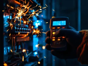 Electrician testing voltage in open fuse box with illuminated tools and visible fuses during emergency