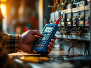 Elektriker tester spenning ved åpent sikringskap med strømbrytere og fargekodet ledning