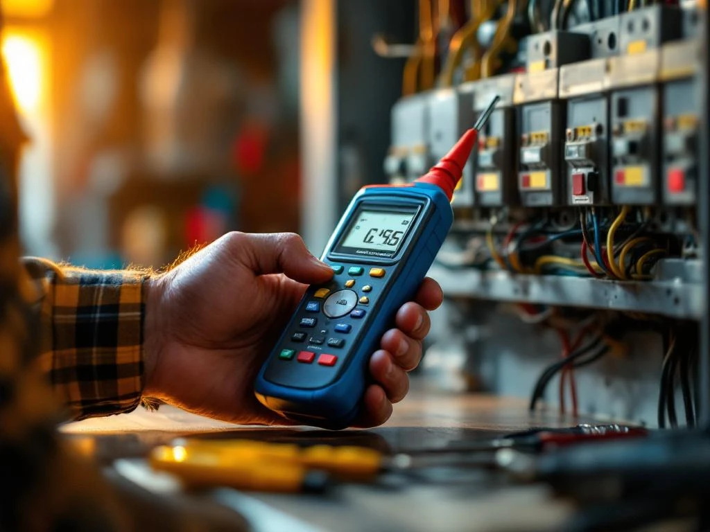 Elektriker tester spenning ved åpent sikringskap med strømbrytere og fargekodet ledning