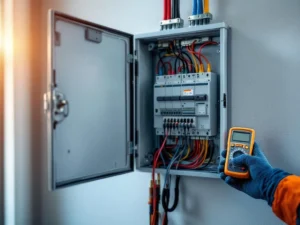 Electrician testing fuse box with multimeter, open panel showing fuses and color-coded wiring