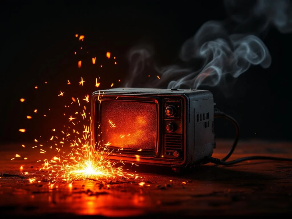 Old electrical appliance with frayed power cable sparking and smoking, small flames starting to appear