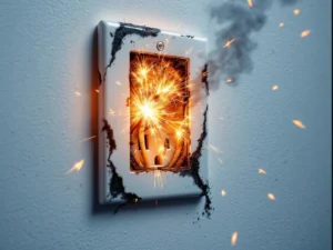 Elektrisk stikkontakt med gnister og røyk på hvit vegg, viser farlig kortslutning og brannfare