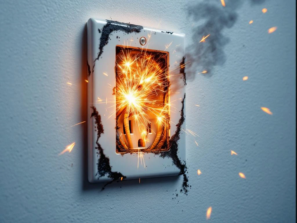Elektrisk stikkontakt med gnister og røyk på hvit vegg, viser farlig kortslutning og brannfare