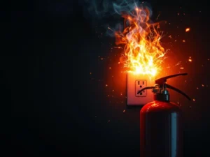 Elektrisk brann med gnister og flammer fra stikkontakt med brannslukningsapparat i forgrunnen