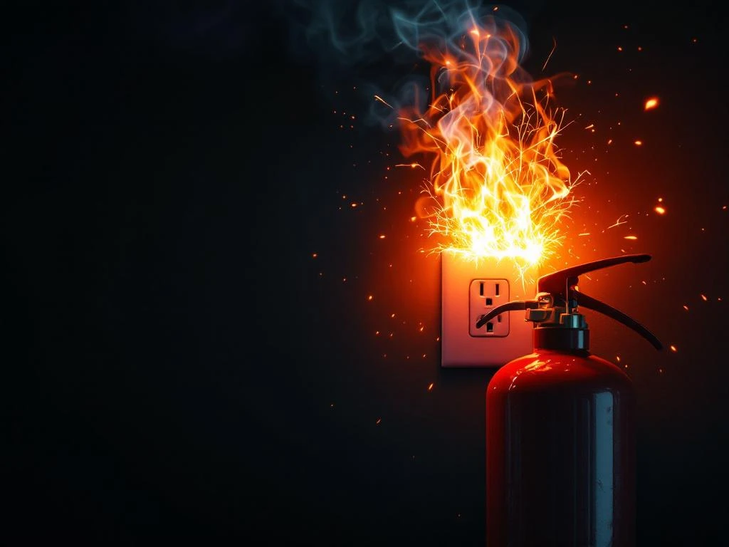 Elektrisk brann med gnister og flammer fra stikkontakt med brannslukningsapparat i forgrunnen