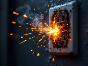 Elektrisk gnistutladning og flammer fra skadet stikkontakt med smeltet plast og eksponert kobberledning