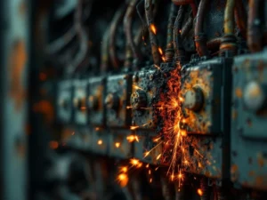 Dangerous electrical panel with damaged wiring, scorch marks and corrosion requiring immediate replacement