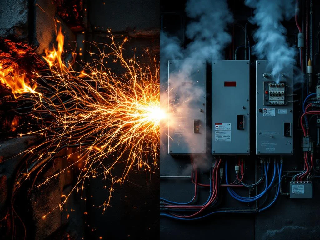 Dangerous sparking cables with electrical arcs on the left, professionally installed fuse box with organized wires on the right