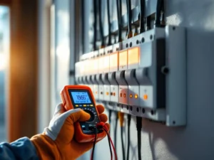 Electrician testing fuse box with multimeter, white board with circuit breakers and illuminated indicators