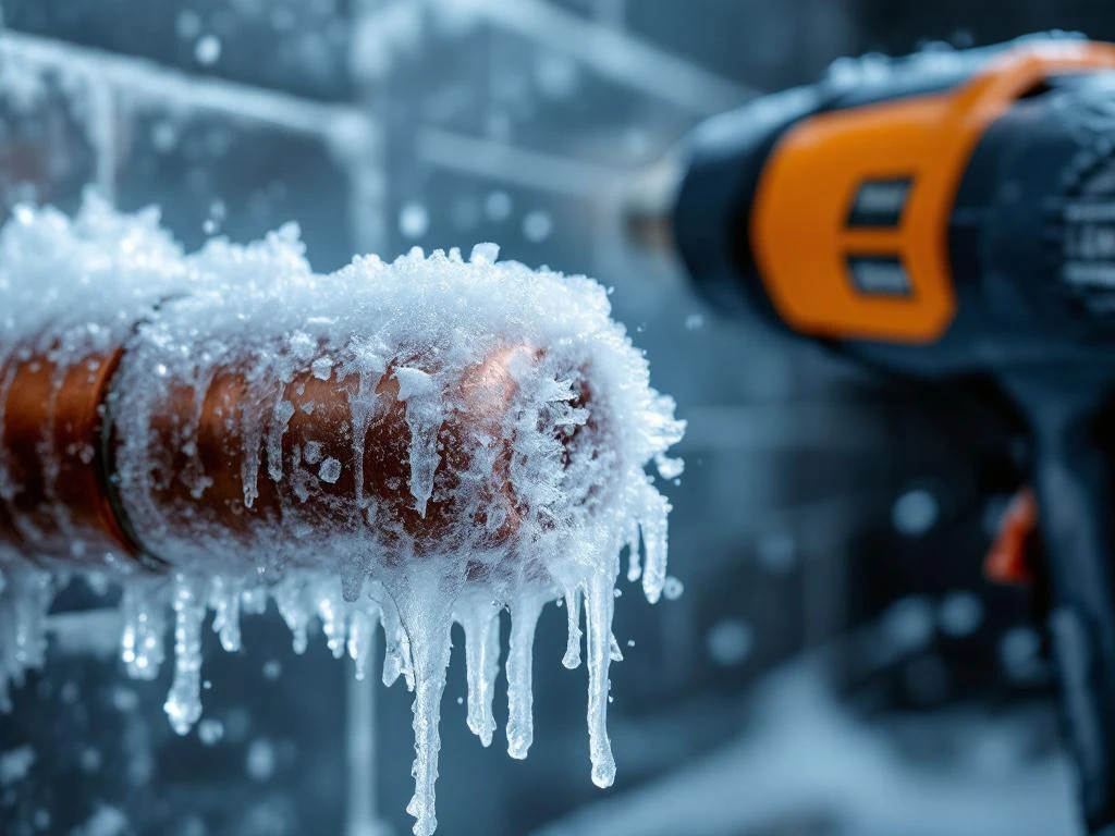 Frozen copper pipe with ice crystals and drops during thawing, heat gun nearby for emergency plumbing repair