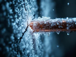 Frostdekket kobberrør med synlig sprekk og iskrystaller, vannlekkasje i ferd med å fryse i kjellerveggen
