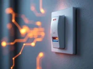 White GFCI breaker with test and reset buttons mounted on wall with electrical circuit patterns in the background