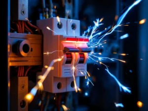 White GFCI breaker in tripped position with sparks and red indicator on DIN rail in fuse box