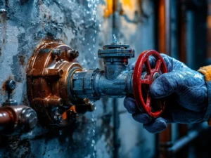Hand in glove closing red main water valve on copper pipe against concrete wall in emergency situation