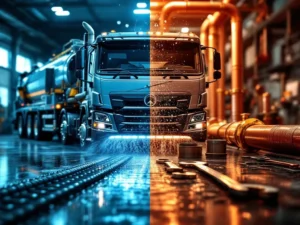 Industriell avløpsrensingsbil med høytrykksutstyr ved siden av tradisjonelt rørleggerverktøy og kobberrør