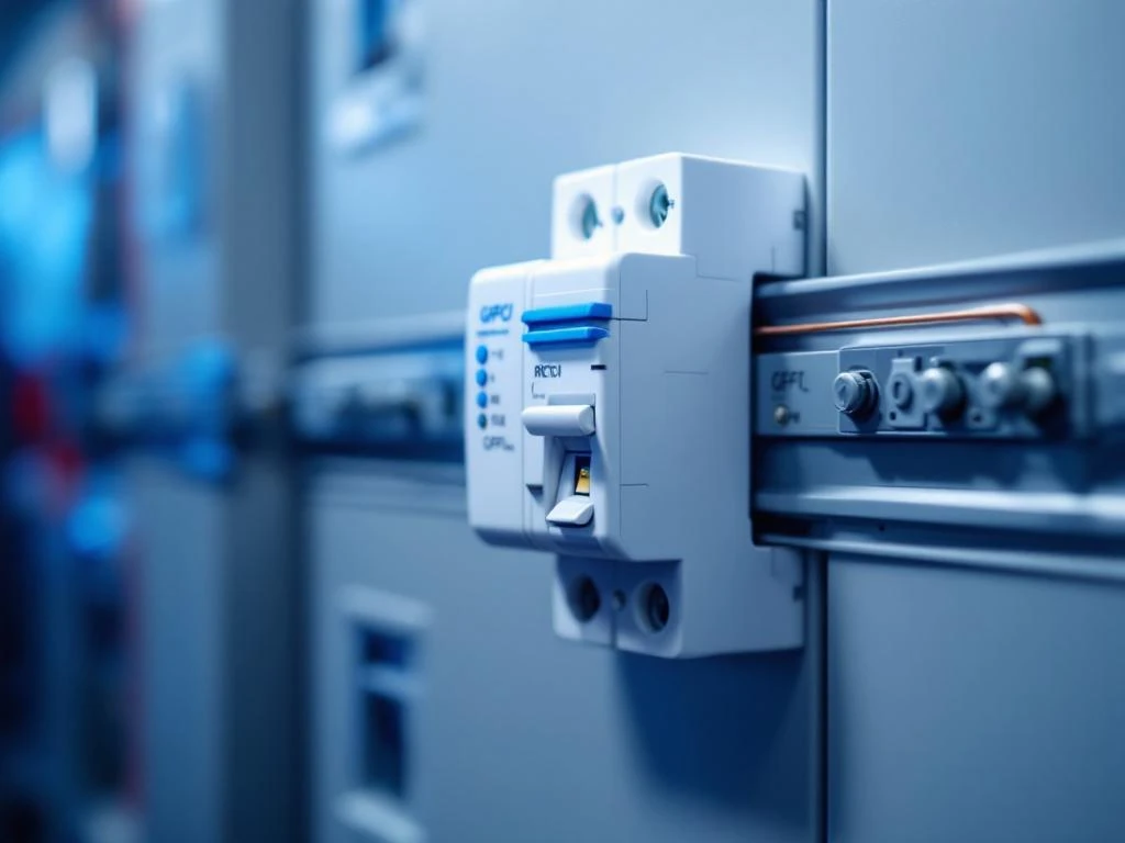 White residual current circuit breaker mounted on DIN rail in fuse box with copper wires and blue lighting