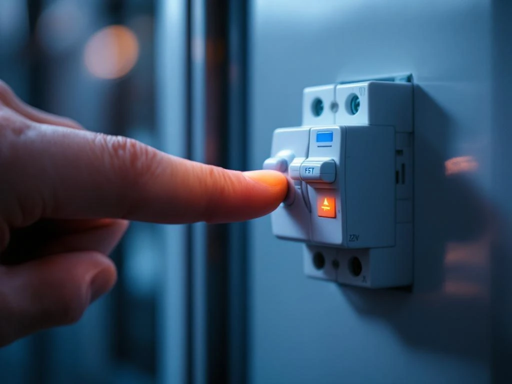 Finger pressing blue test button on white earth leakage circuit breaker mounted on electrical panel with orange warning light