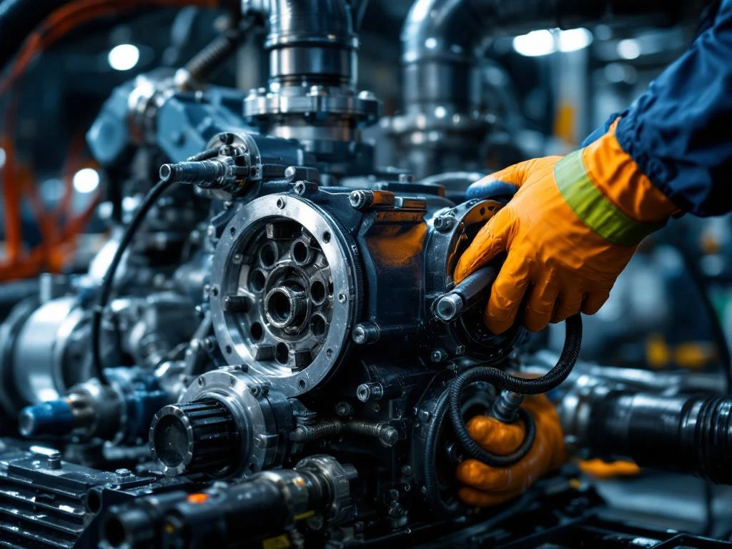 Tekniker servicerer industriell kloakkpumpe med spesialverktøy i verksted, viser krom- og stålkomponenter med hydraulikkslanger