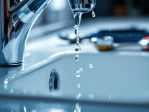 Lekkende kjøkkenkran i krom med vanndråper, justerbar skiftenøkkel og reservedeler på benken
---
**Validation Check:**
- Character count: 107 ✓
- Starts with main subject (leaking faucet) ✓
- No "image of" phrases ✓
- Norwegian Bokmål ✓
- Proper grammar ✓
- SEO keywords naturally included ✓
- Accessible and descriptive ✓