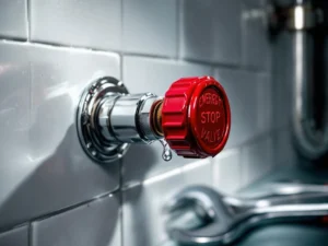 Kromemergensstoppventil med rød sikkerhetshette på kobberrør, drypper vann, skiftenøkkel ved siden av