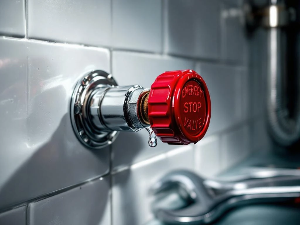 Chrome emergency stop valve with red safety cap on copper pipe, dripping water, wrench next to it