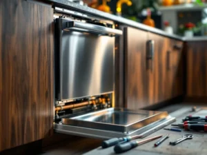 Stainless steel dishwasher being professionally installed in modern kitchen interior with utilities and plumbing