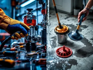 Profesjonell avløpsrenser med industrielt utstyr sammenlignet med amatør som bruker stempel på baderomsgulv
