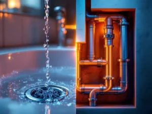 Comparison of localized storm drain and building main drainage system with exposed pipes and blockage