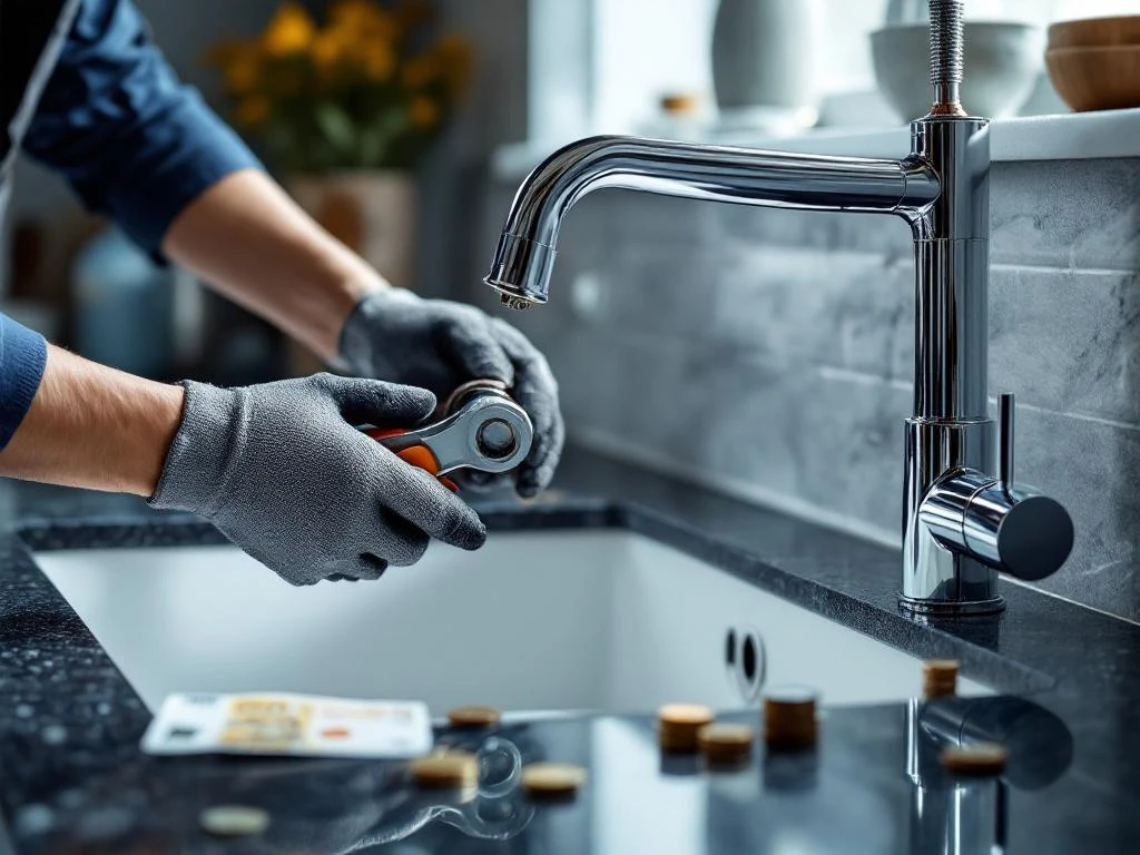 Plumber installing chrome-plated kitchen faucet with wrench, Norwegian kroner on the countertop symbolizes cost