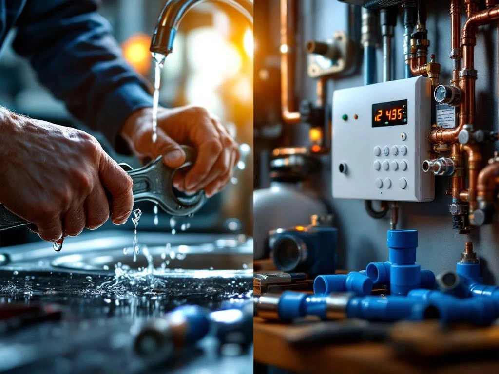 Plumber installing copper pipes and mounting heating control panel with professional tools