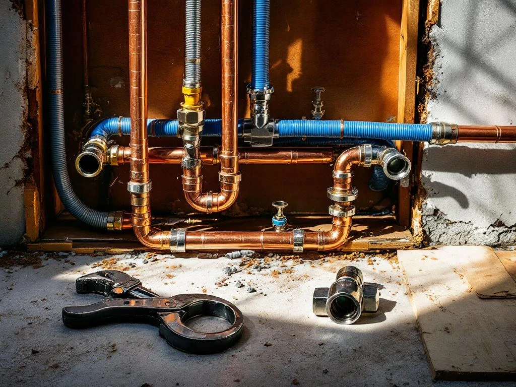 Kobberrør og PEX-vannrør med kromfittings i åpnet vegg, profesjonelt rørleggerverktøy ved siden av