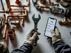 Rørlegger holder kromnøkkel over kobberrør og messingfittinger på hvit overflate med smarttelefon ved siden av