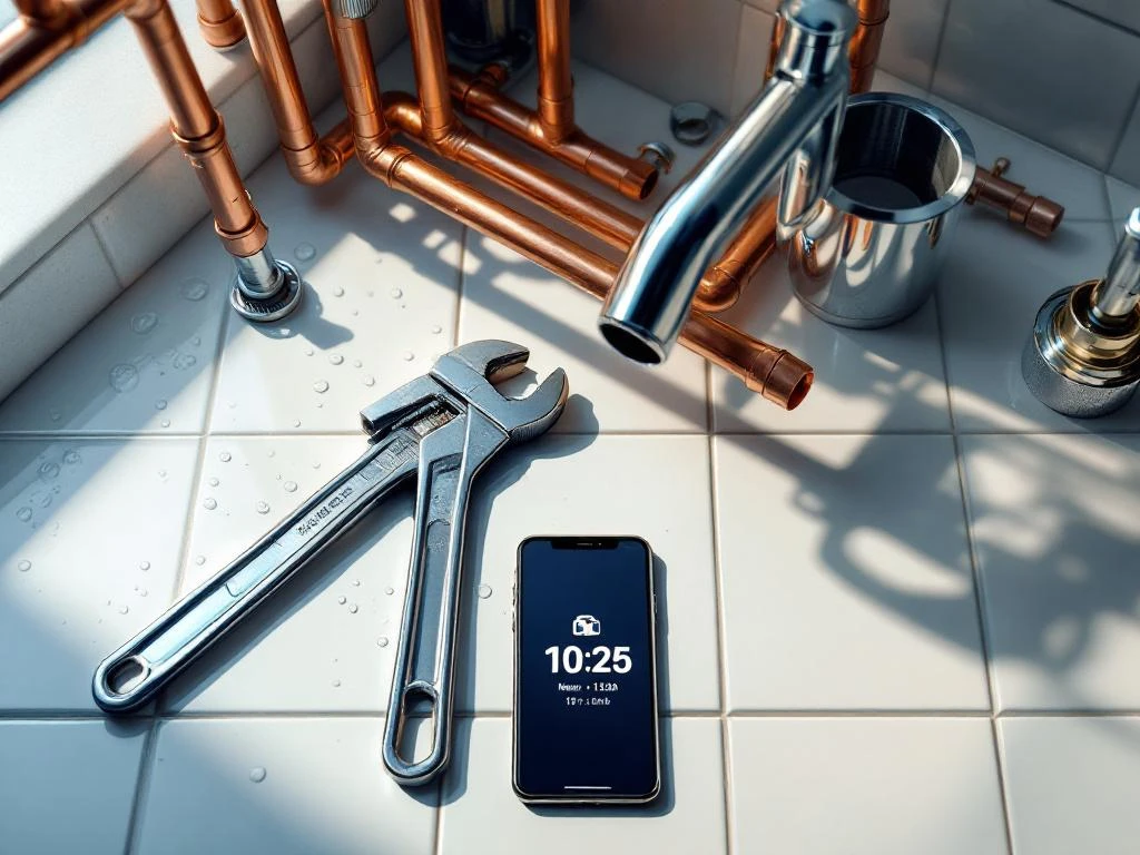 Plumber tools with wrenches and copper pipes on white tiles by dismantled sink with smartphone