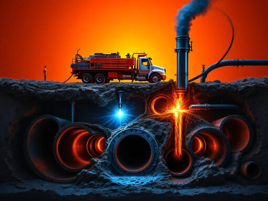 Professional sewer cleaning truck with high-pressure equipment at cross-section of pipes with tree roots and blockage