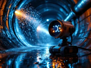 Inspeksjonskamera med LED-lys i kloakkrør under høytrykksspyling med vannstråle og industriell belysning